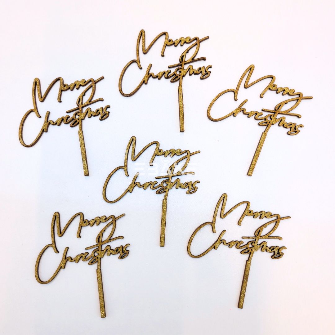 Merry Christmas Mini Topper Gold Glitter (Set of 6) MDF