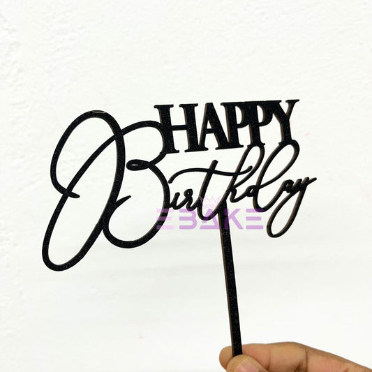 Happy Birthday Cake Topper Black Shimmer MDF