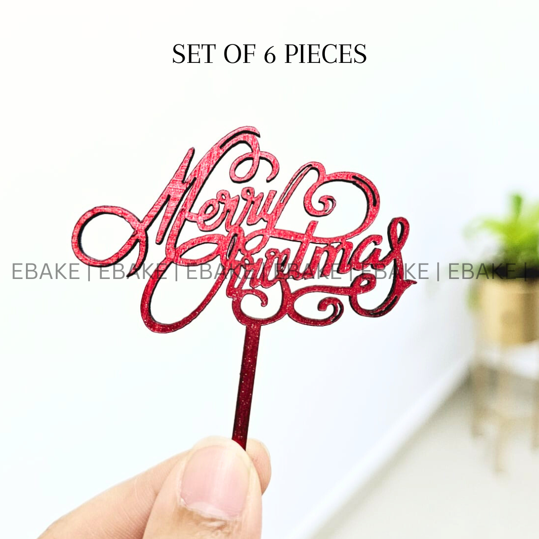 Merry Christmas Mini Cake Topper (Set of 6 Pcs) MDF