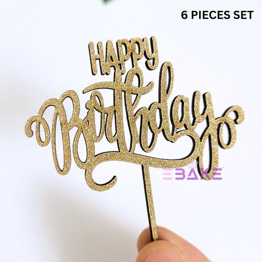 Happy Birthday Mini Topper Gold Glitter (Set of 6) MDF