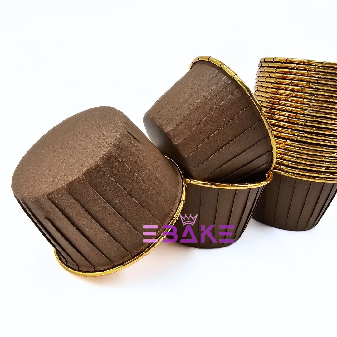 Small Imported Golden Lined Rolled Rim Muffin Cup / Cupcake Liners - Brown (Set of 50 pieces)