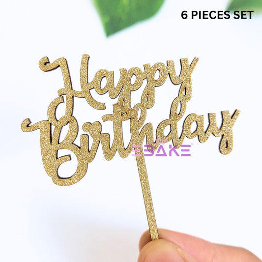 Happy Birthday Mini Topper Gold Glitter (Set of 6) MDF