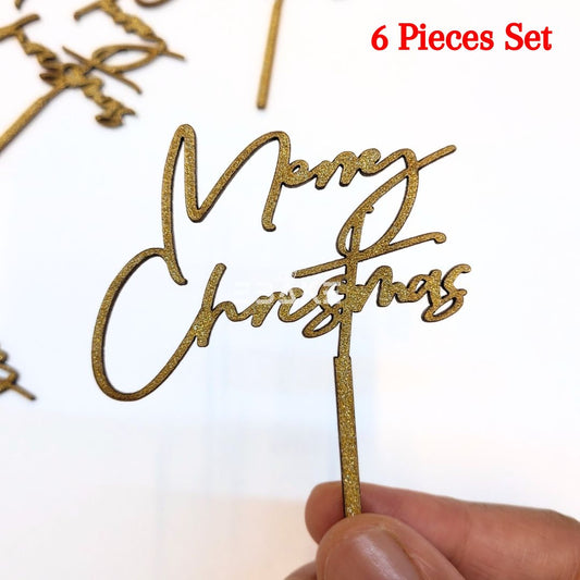 Merry Christmas Mini Topper Gold Glitter (Set of 6) MDF