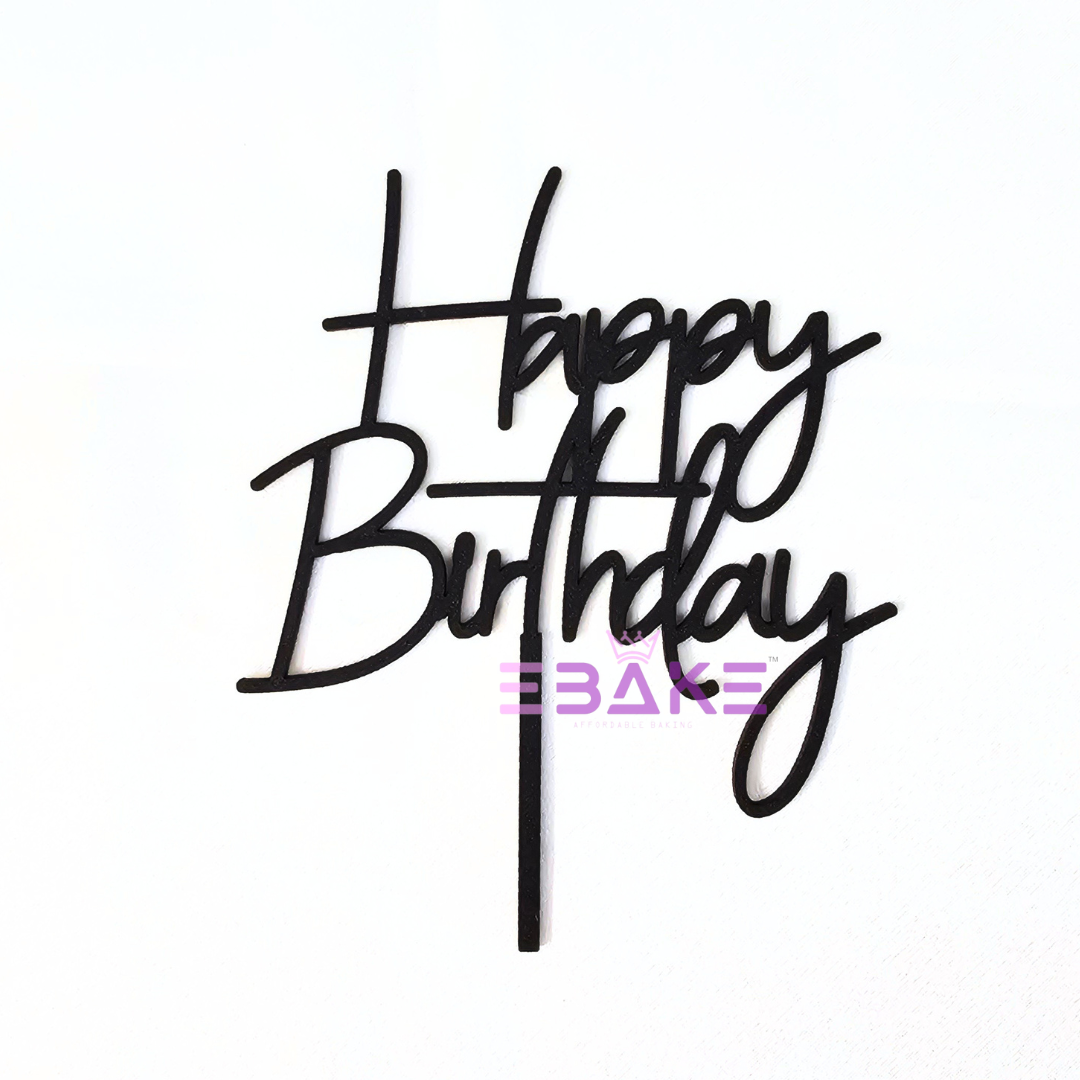 Happy Birthday Cake Topper Black Shimmer MDF