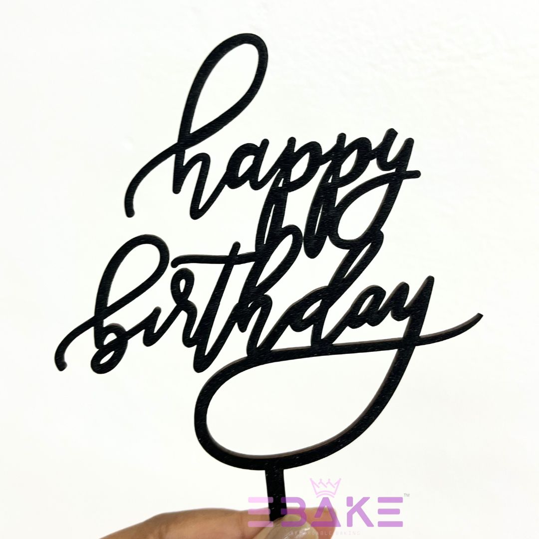 Happy Birthday Cake Topper Black Shimmer MDF