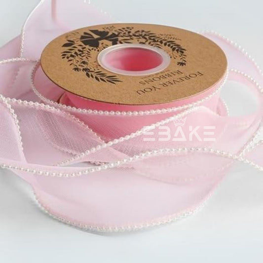 Pearl Net Organza Pink Ribbon / Organza Moti Ribbon 2 Inch