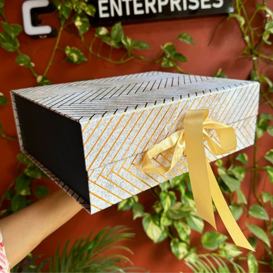 Golden Festive Printed Collapsible Rigid Hamper Box/Gift Box With Ribbon Golden Lines(12x10x4")