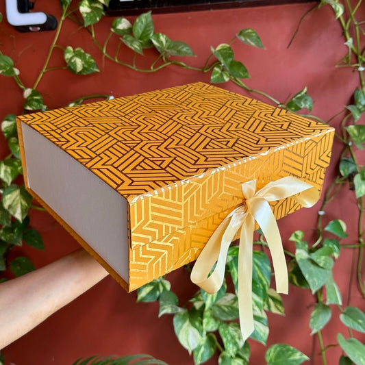 Golden Festive Printed Collapsible Rigid Hamper Box/Gift Box With Ribbon Golden Yellow(12x10x4")