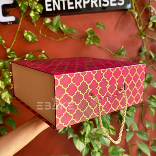 Golden Festive Printed Collapsible Rigid Hamper Box/Gift Box With Handle Maroon&Golden (10x10x4")