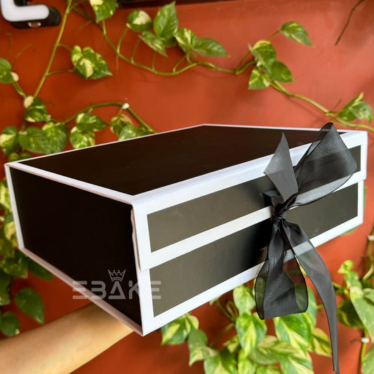 Festive Printed Collapsible Rigid Hamper Box/Gift Box With Ribbon Black&White (12x10x4")