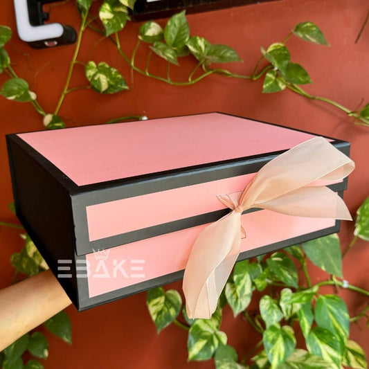 Festive Printed Collapsible Rigid Hamper Box/Gift Box With Ribbon Pink&Black (12x10x4")