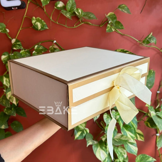 Golden Festive Printed Collapsible Rigid Hamper Box/Gift Box With Ribbon White&Cream (12x10x4")