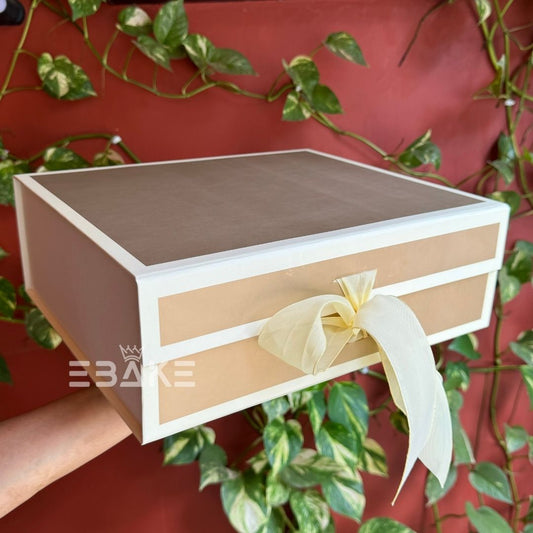 Golden Festive Printed Collapsible Rigid Hamper Box/Gift Box With Ribbon Cream&White (12x10x4")