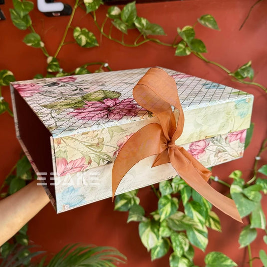 Golden Festive Printed Collapsible Rigid Hamper Box/Gift Box With Ribbon Pink Flower Printed(12x10x4")