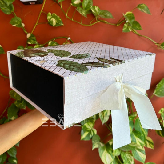 Festive Printed Collapsible Rigid Hamper Box/Gift Box With Ribbon Leaf Printed(12x10x4")