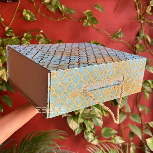 Golden Festive Printed Collapsible Rigid Hamper Box/Gift Box With Handle Blue &Golden (12x10x4")