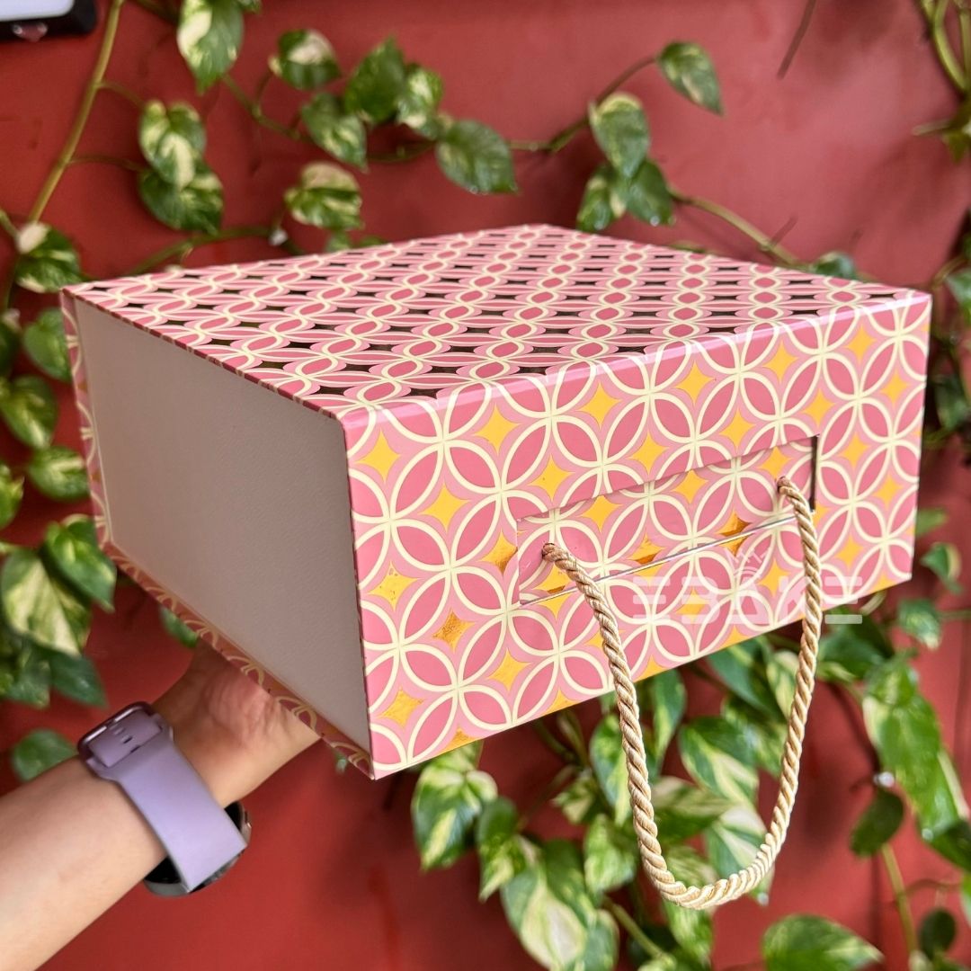 Golden Festive Printed Collapsible Rigid Hamper Box/Gift Box With Handle Pink&Yellow(8x8x4")