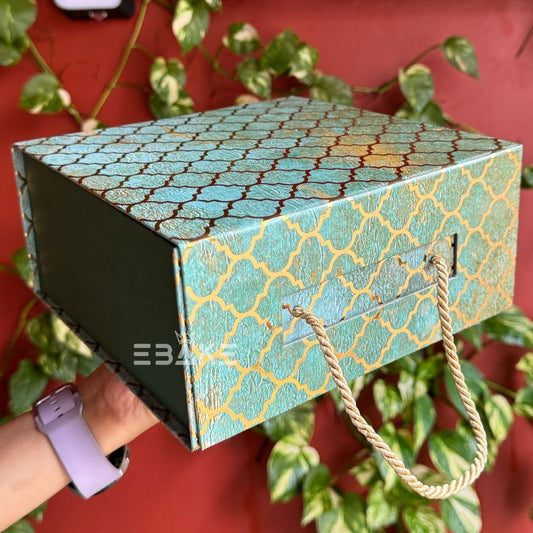 Golden Festive Printed Collapsible Rigid Hamper Box/Gift Box With Handle Green&Golden (8x8x4")