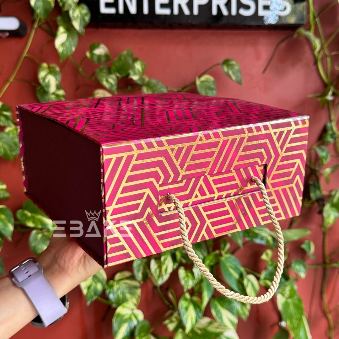 Golden Festive Printed Collapsible Rigid Hamper Box/Gift Box With Handle Magenta(8x8x4")