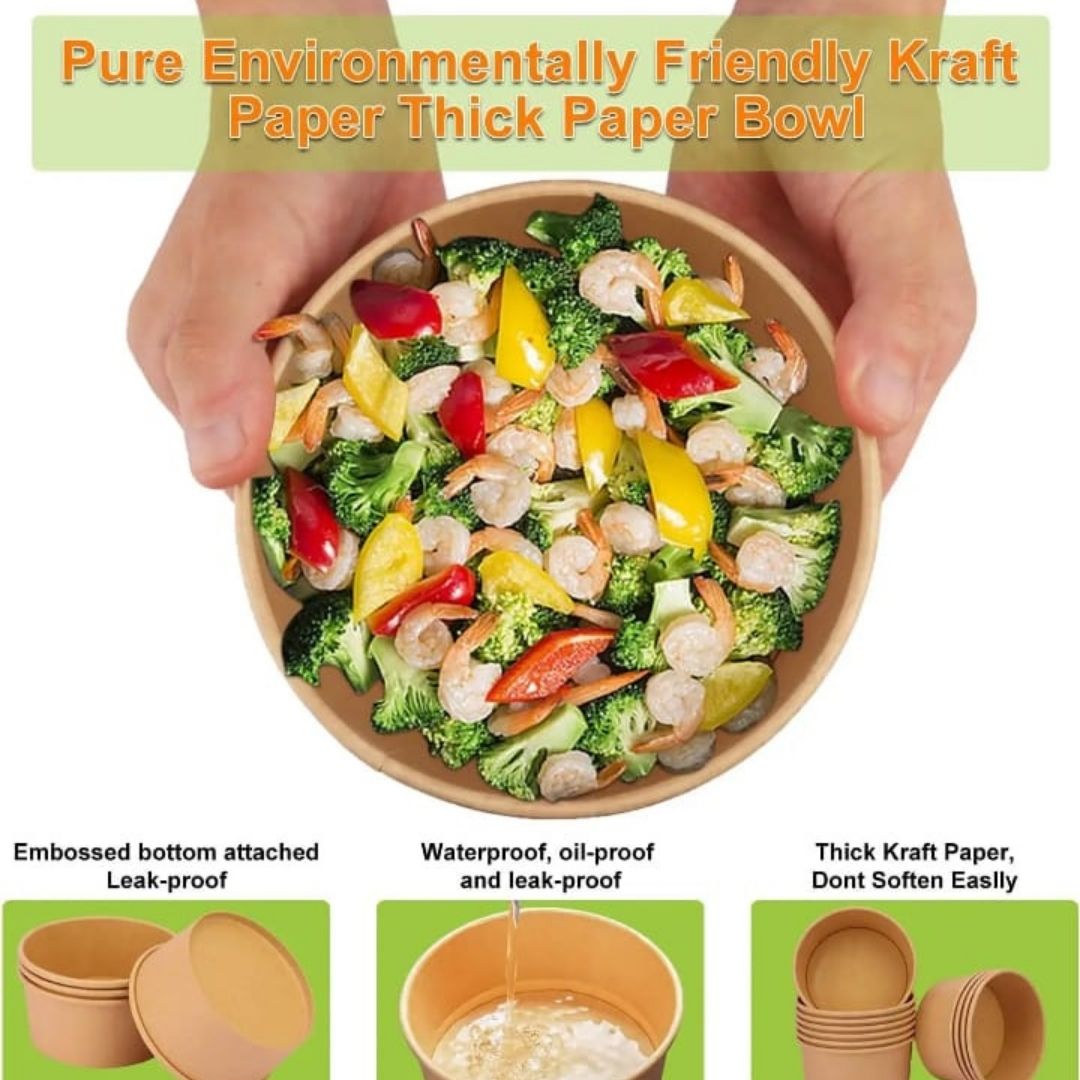Round Disposable Kraft Paper Containers With Lid (Set of 5) 500ml