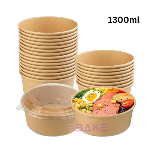 Round Disposable Kraft Paper Containers With Lid (Set of 5) 1300ml