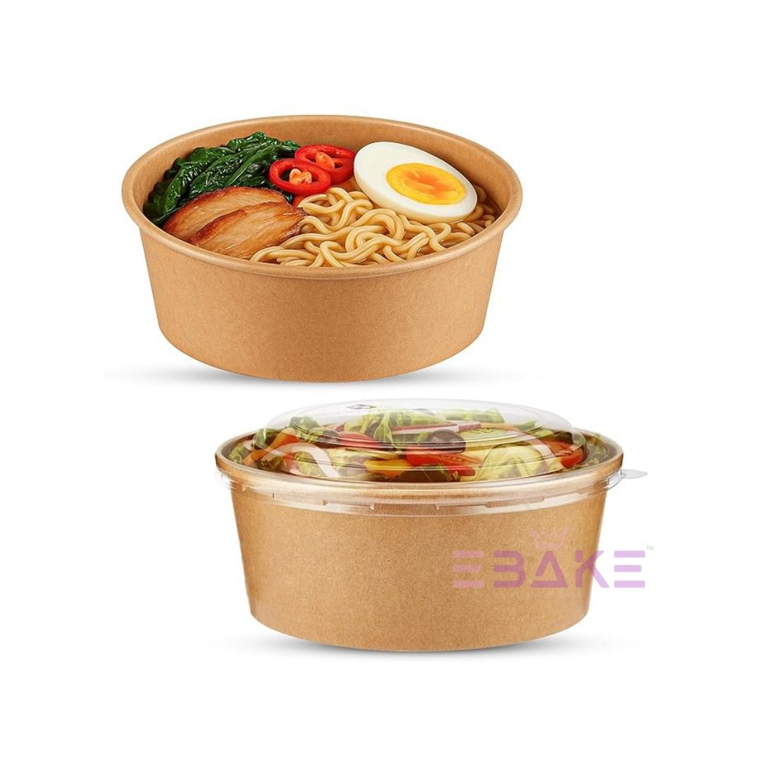 Round Disposable Kraft Paper Containers With Lid (Set of 5) 1300ml
