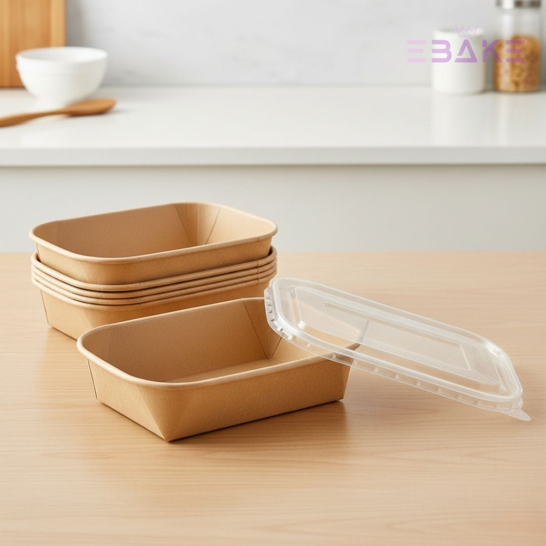 Rectangle Disposable Kraft Paper Containers With Lid (Set of 5) 500ml