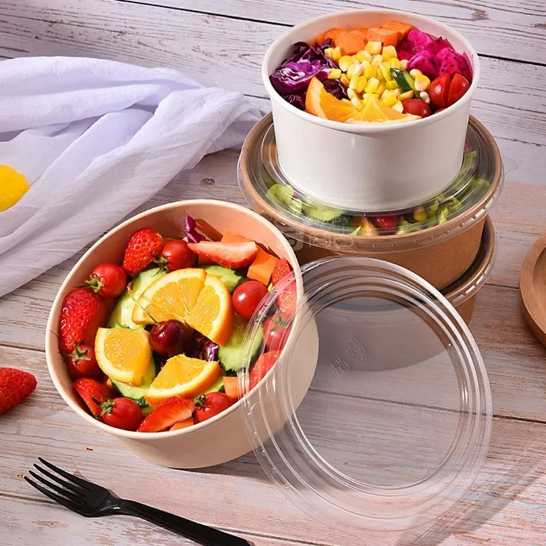 Round Disposable Kraft Paper Containers With Lid (Set of 5) 500ml