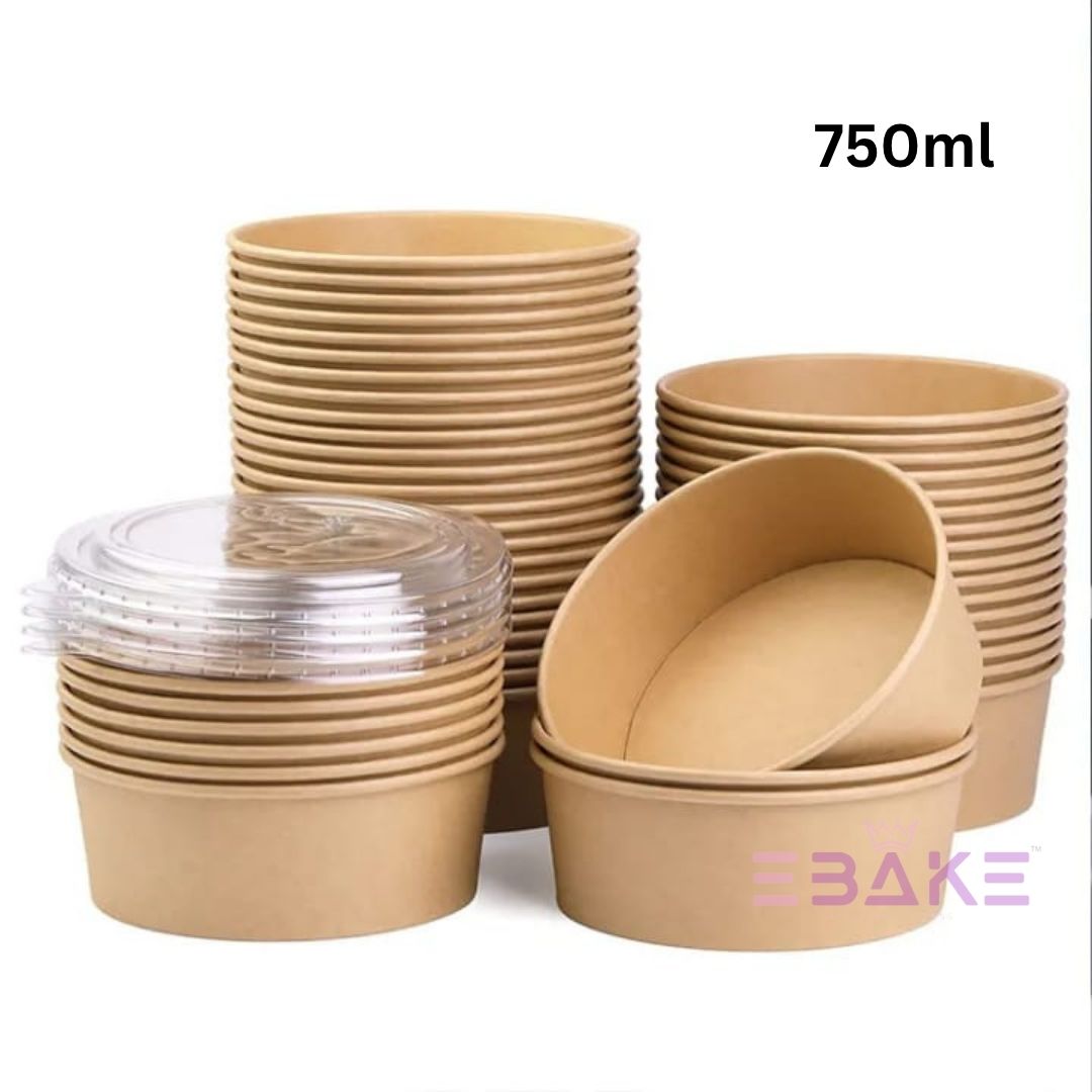 Round Disposable Kraft Paper Containers With Lid (Set of 5) 750ml