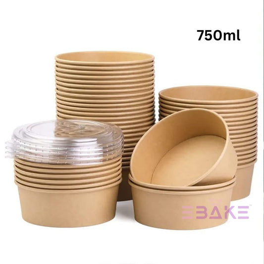 Round Disposable Kraft Paper Containers With Lid (Set of 5) 750ml