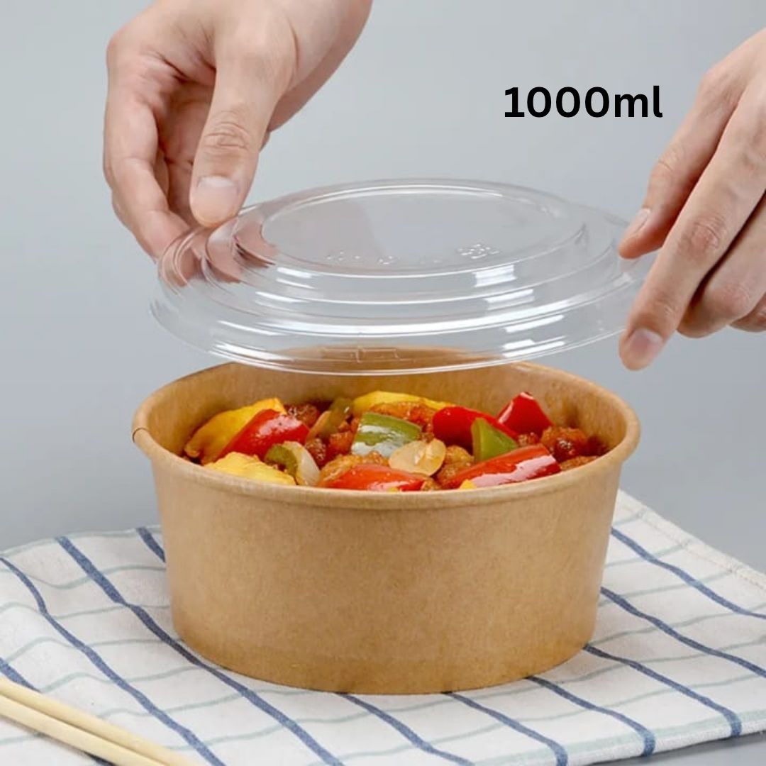 Round Disposable Kraft Paper Containers With Lid (Set of 5) 1000 ml