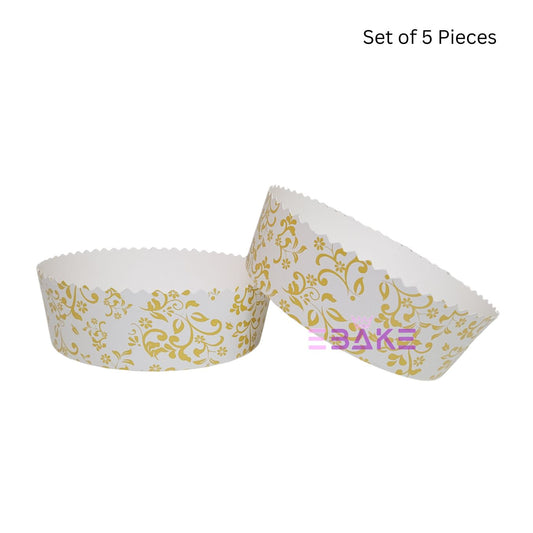 Bake & Serve Plum Cake Mould Round (Set of 5 Pieces) White & Gold Printed - Large