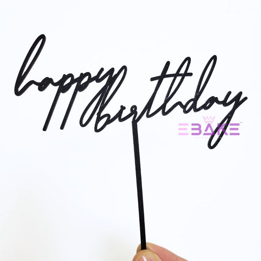 Happy Birthday Cake Topper Black Shimmer MDF