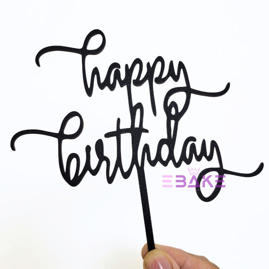 Happy Birthday Cake Topper Black Shimmer MDF