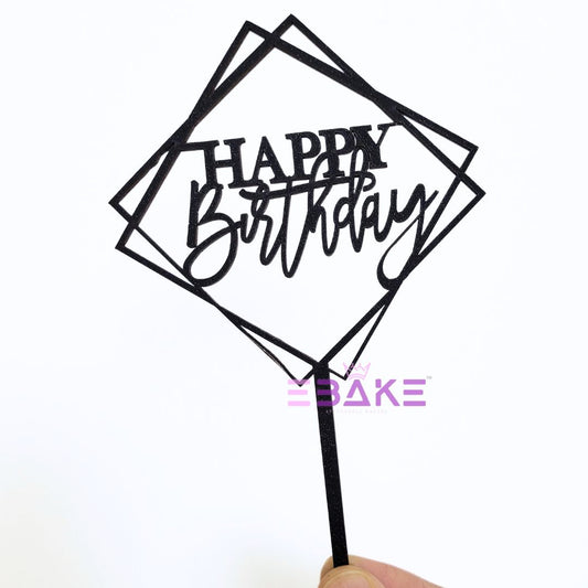 Happy Birthday Cake Topper Black Shimmer MDF