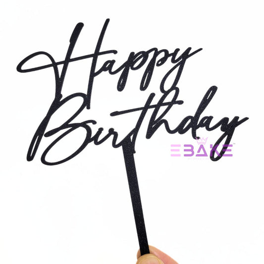 Happy Birthday Cake Topper Black Shimmer MDF