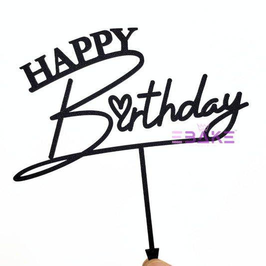 Happy Birthday Cake Topper Black Shimmer MDF