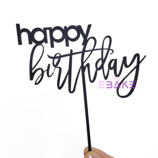 Happy Birthday Cake Topper Black Shimmer MDF