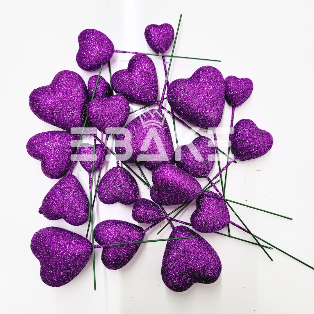 Purple Glitter Faux Hearts - Set Of 20 Pieces