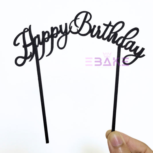 Happy Birthday Cake Topper Black Shimmer MDF