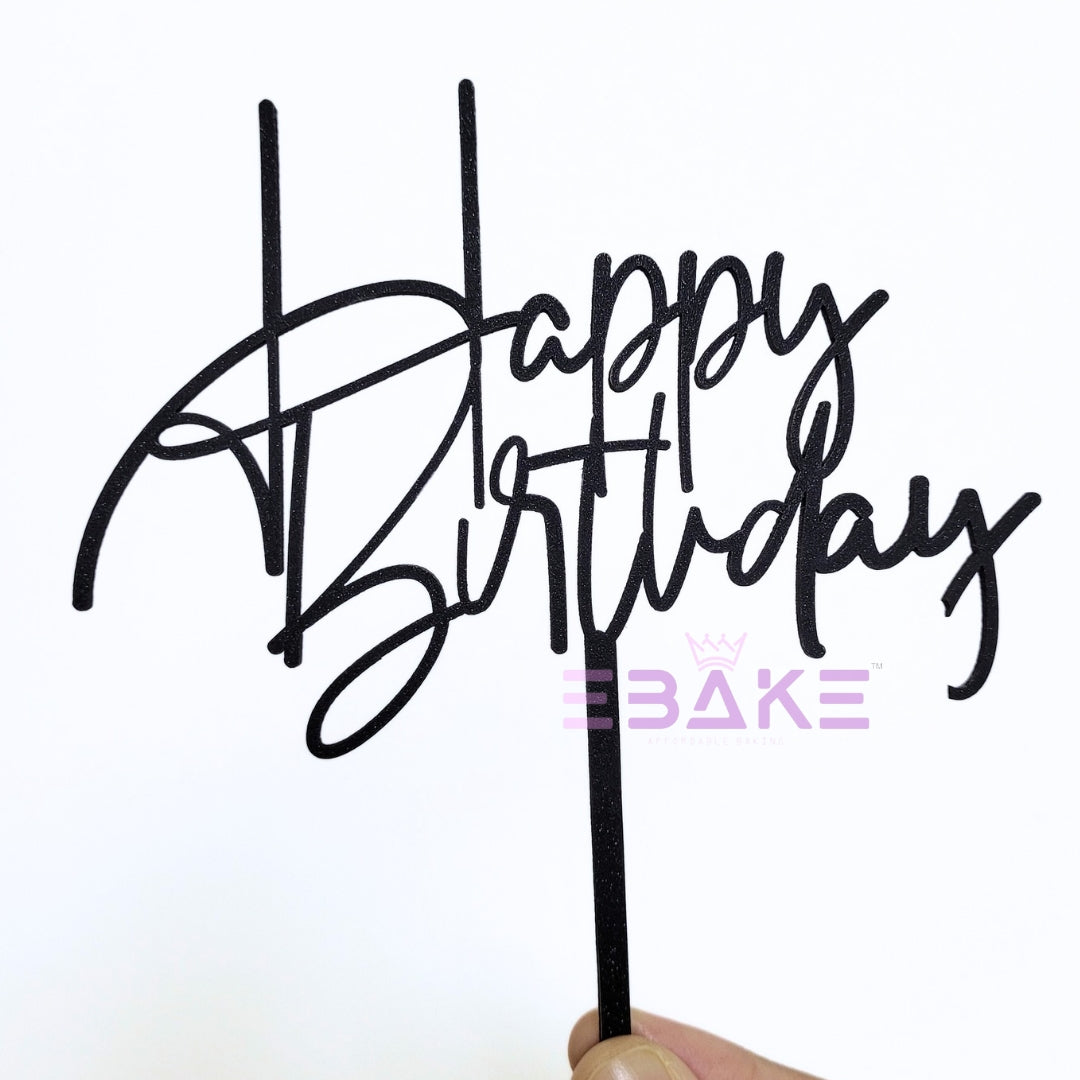 Happy Birthday Cake Topper Black Shimmer MDF