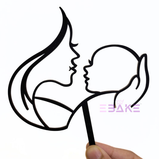 Line Art Cake Topper Mother And Baby Black Shimmer