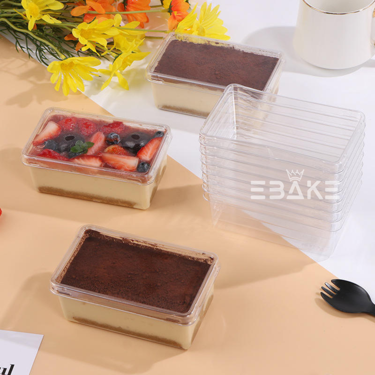 Rectangle PET Plastic Disposable Clear Container With Lid For Desserts