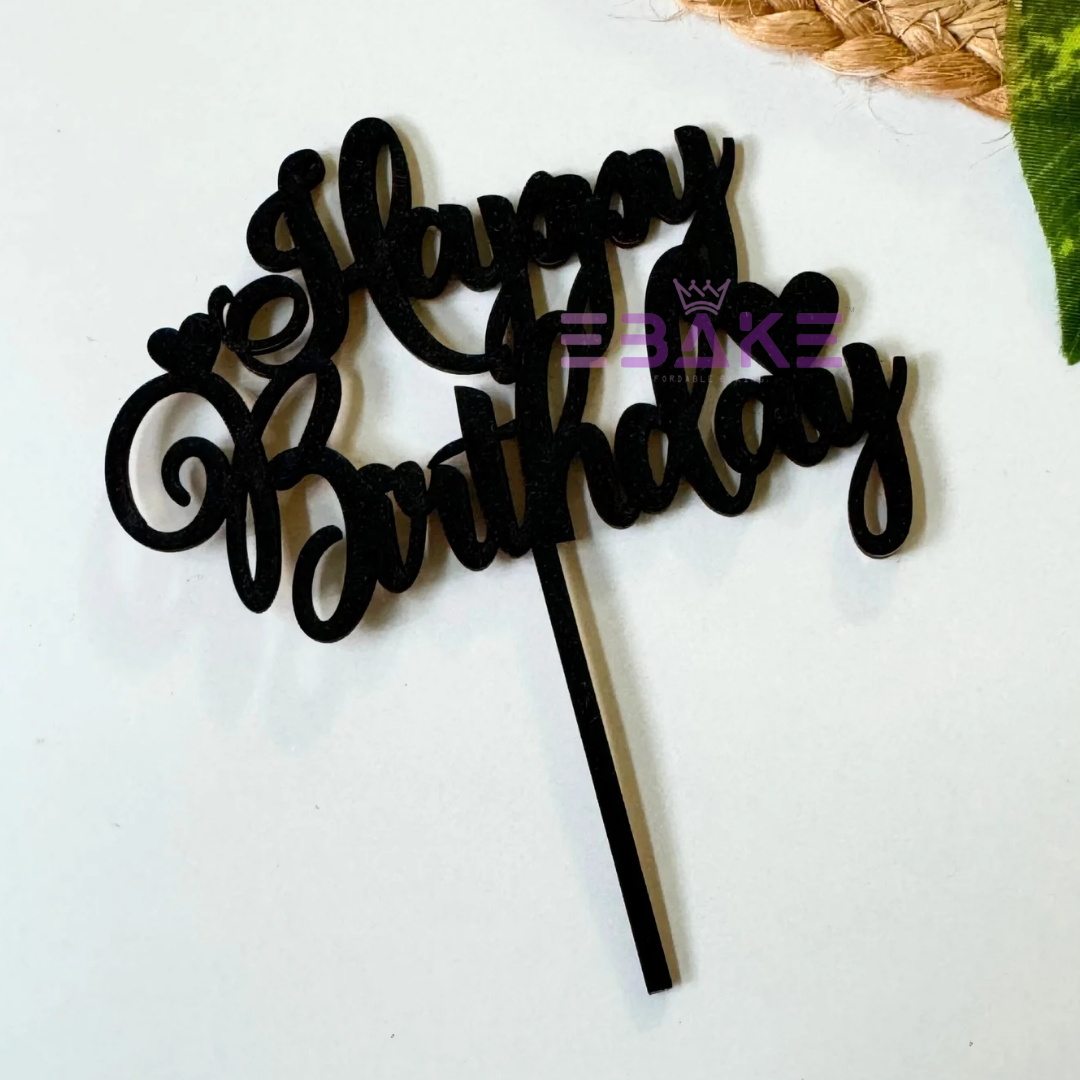 Happy Birthday Cake Topper Black Shimmer
