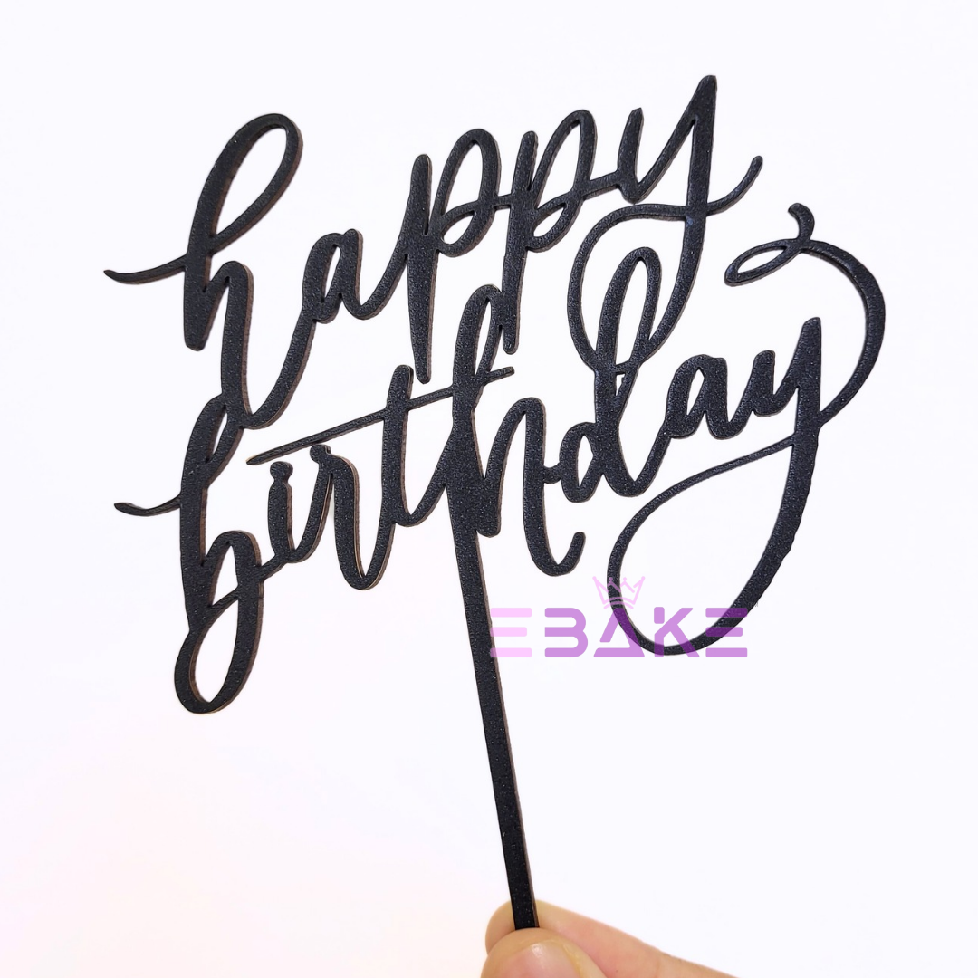 Happy Birthday Cake Topper Black Shimmer