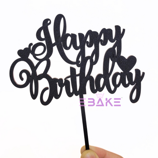Happy Birthday Cake Topper Black Shimmer