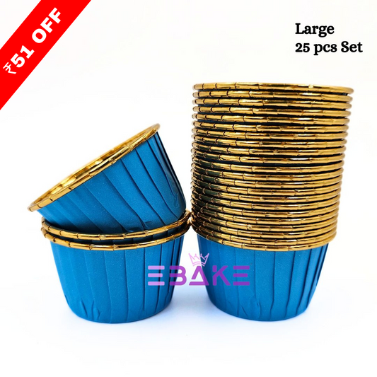 Imported Golden Lined Rolled Rim Muffin Cup / Cupcake Liners - Blue (Set of 25 pieces) Large