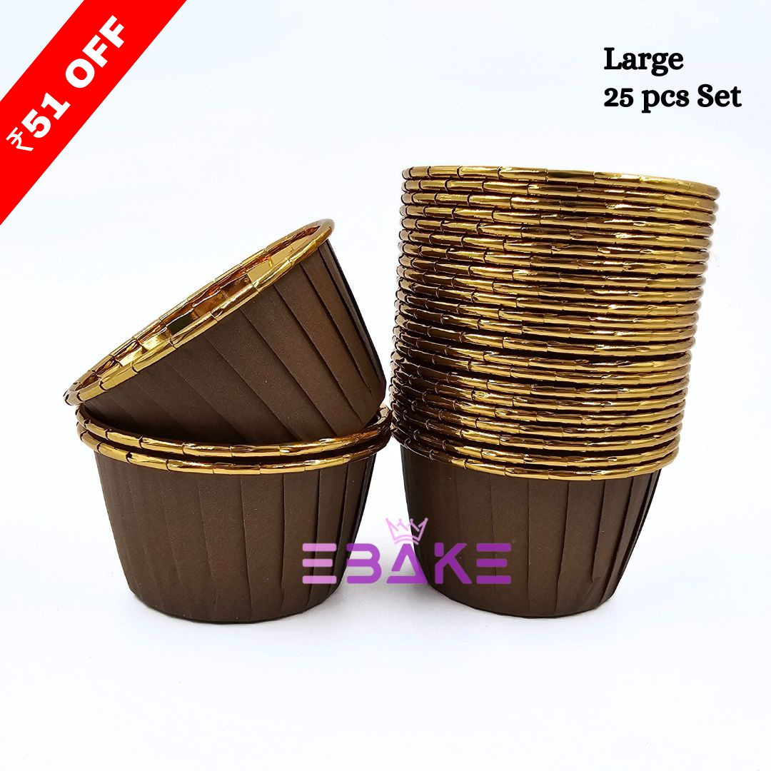 Imported Golden Lined Rolled Rim Muffin Cup / Cupcake Liners - Brown (Set of 25 pieces) Large