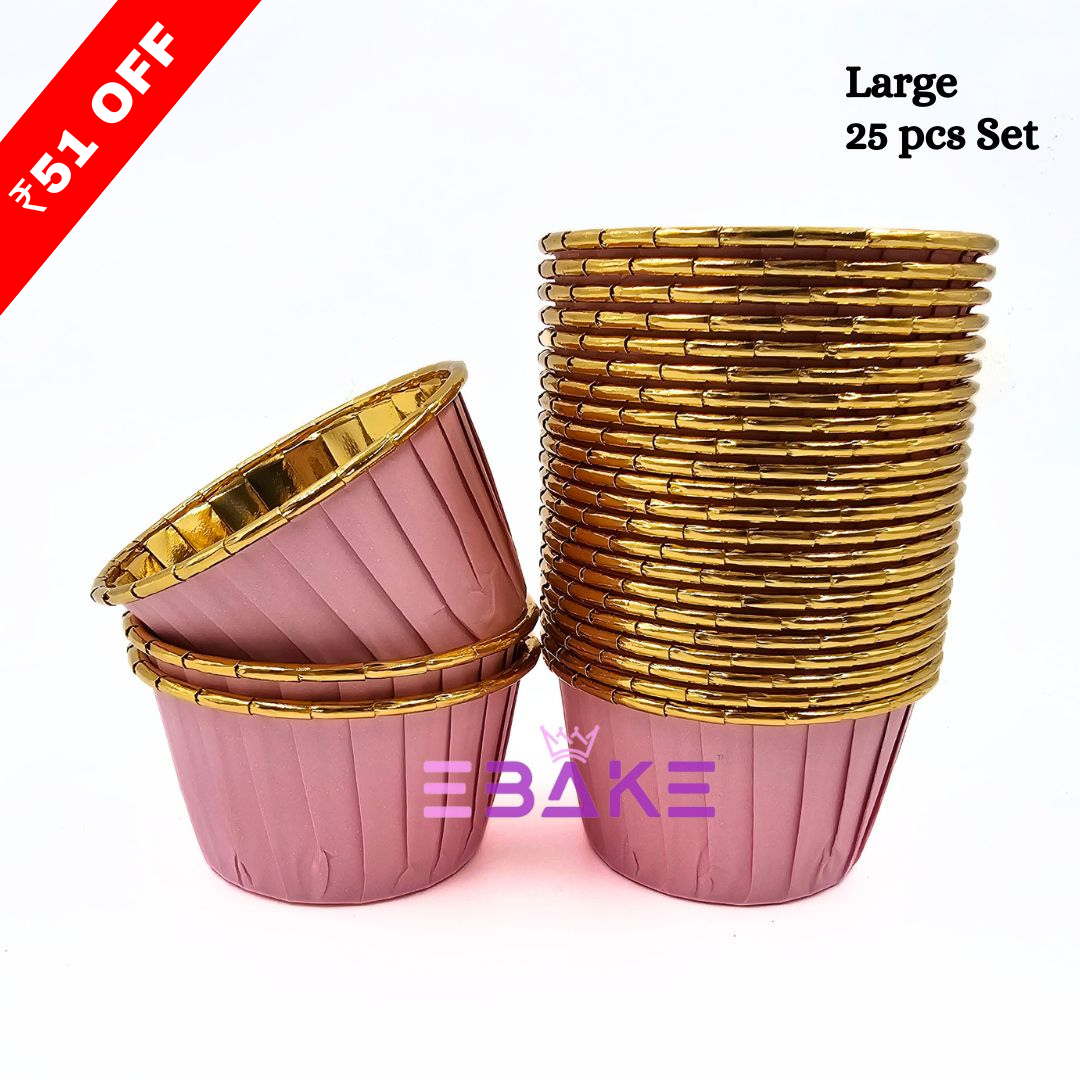 Imported Golden Lined Rolled Rim Muffin Cup / Cupcake Liners - Pink (Set of 25 pieces) Large