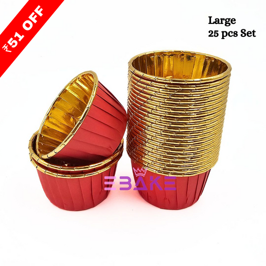 Imported Golden Lined Rolled Rim Muffin Cup / Cupcake Liners - Red (Set of 25 pieces) Large